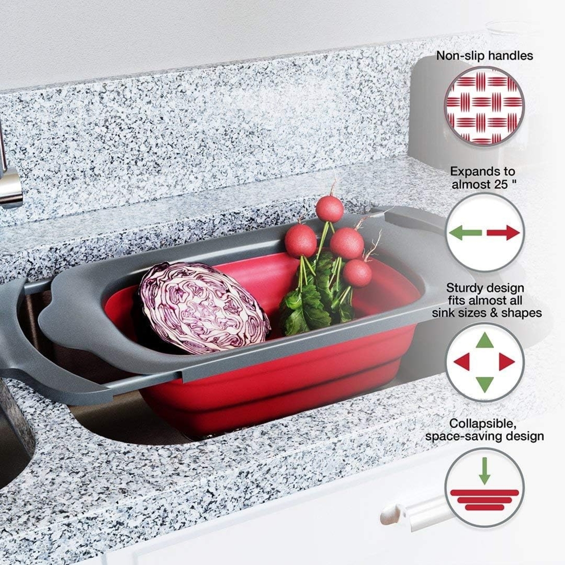Cos de Scurgere Retractabil pentru Chiuveta, Flippy, cu Filtru, pentru Fructe si Legume, de Uz Casnic, 39x12 cm, Design Extensibil pana la 61 cm, cu Manere de Prindere, Rosu