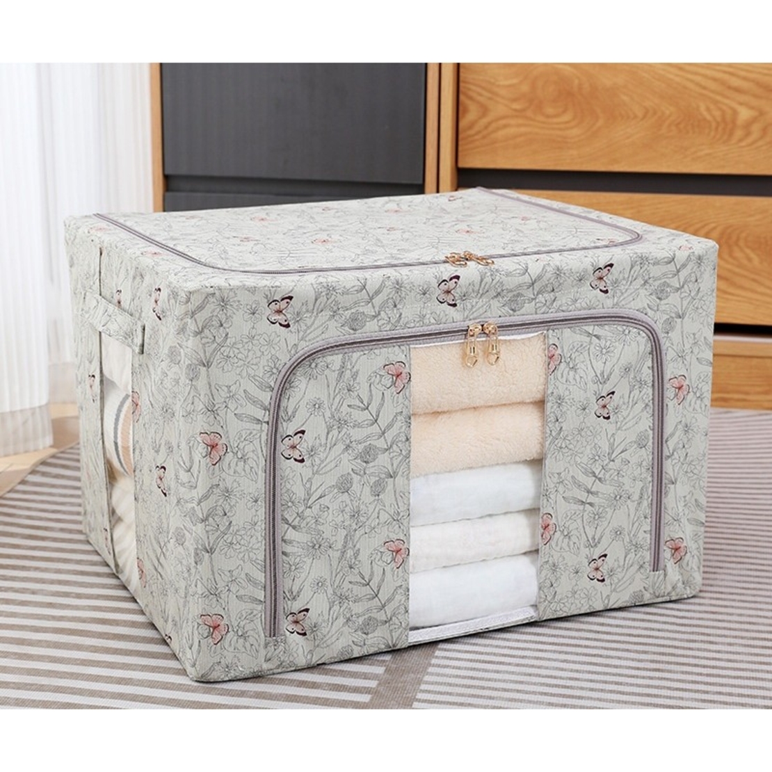 Cutie Depozitare, Flippy, 66L, din Material Textil, 50 x 40 x 33 cm, pentru Haine si Lenjerii, Model Fluturasi, Gri