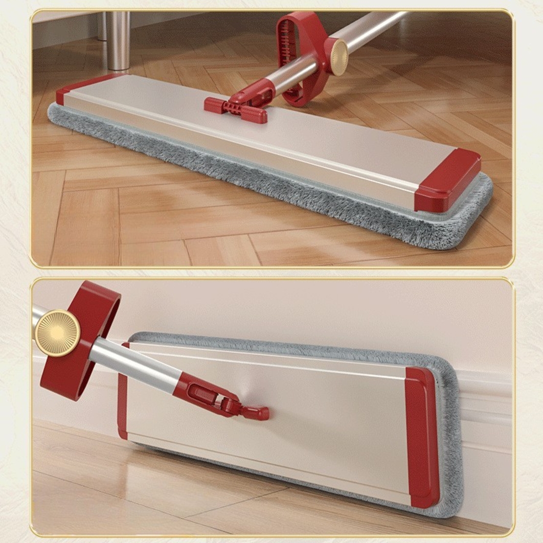Mop Plat cu Laveta din Microfibra, Flippy, Pentru Uz Casnic, cu 2 Lavete Incluse, Sistem de Stoarcere, Tija Telescopica 130 cm, Rotire 360°, 42 x 130 cm, Rosu