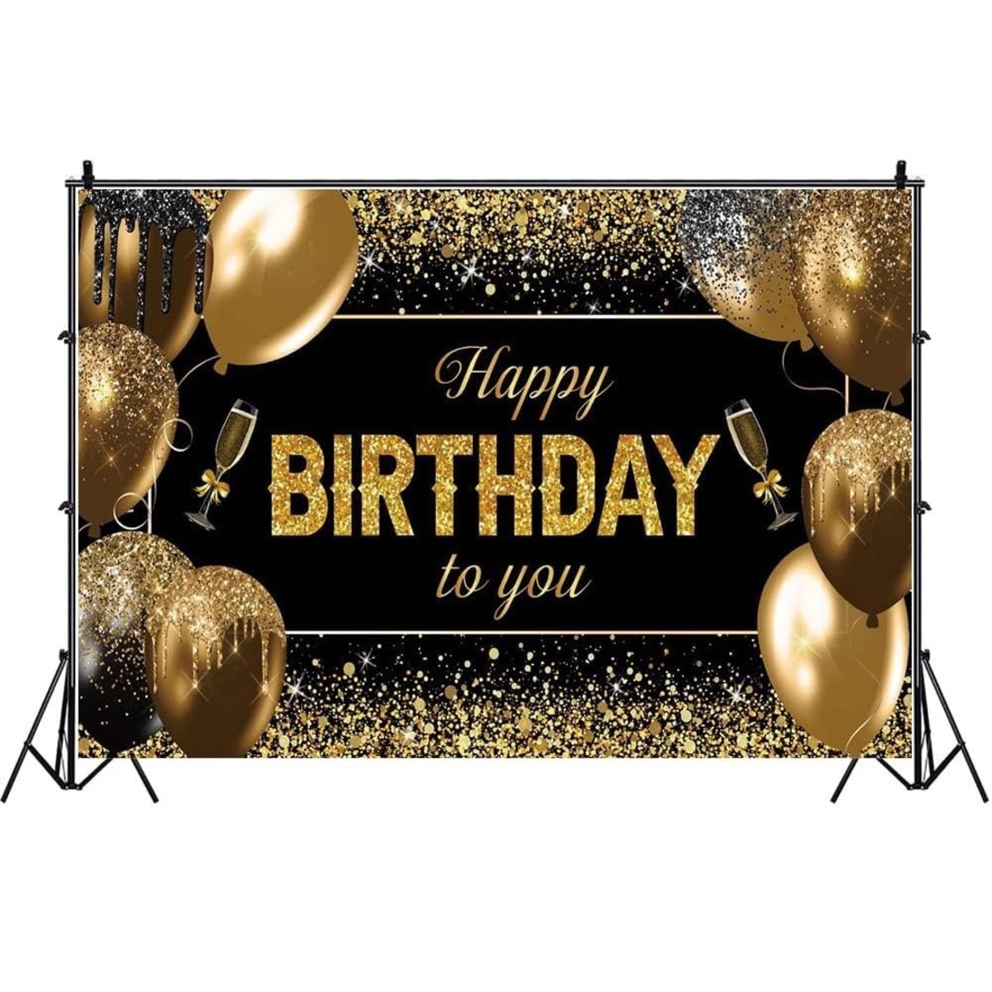 Banner Tip Fundal pentru Poze, Flippy, din Panza, 185 x 110 cm, Sfoara 6 m, Prindere in 4 Colturi, Happy Birthday to You, Negru/Auriu