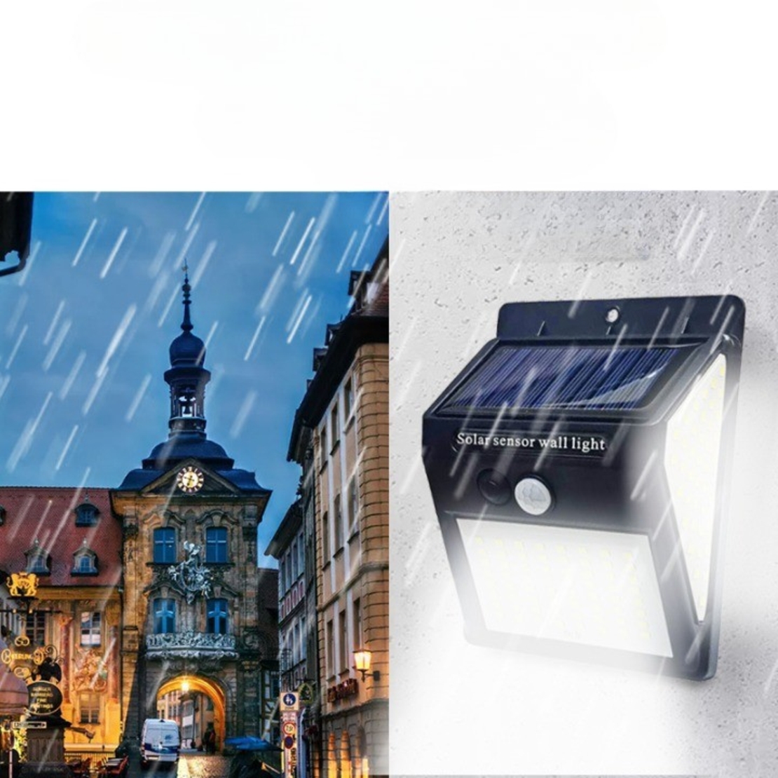 Lampa cu incarcare solara si senzor de miscare pentru exterior, 64 LED cu distanta de inductie, montaj pe perete, fara cabluri, Flippy