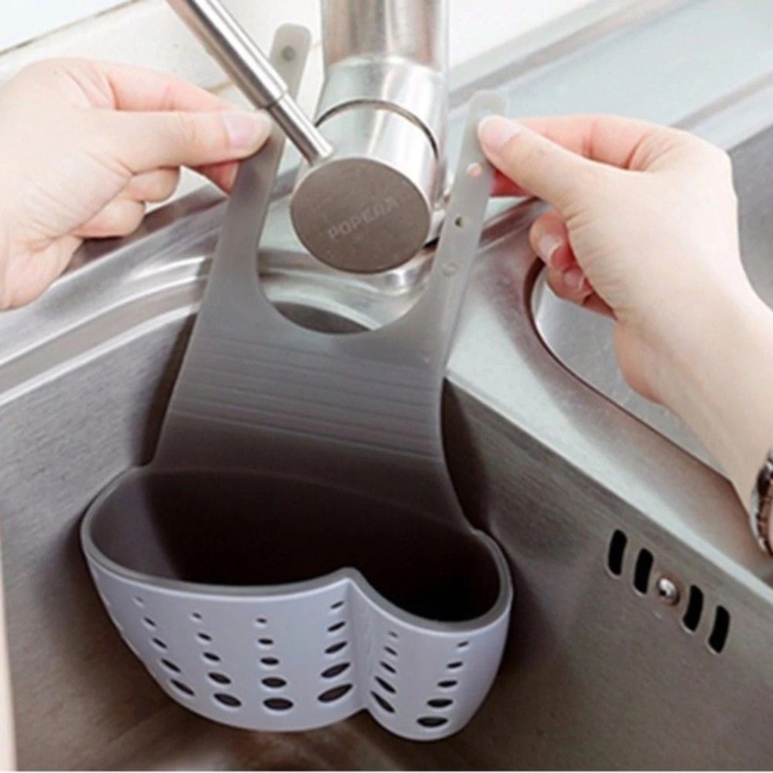 Suport Scurgere pentru Burete si Laveta de Vase Bucatarie, Flippy, Albastru, Curea Reglabila, Plastic Flexibil, 15x 5x 21cm