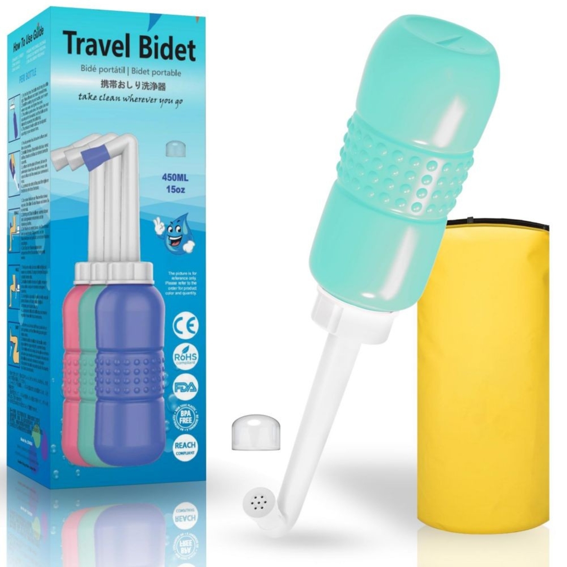 Bideu Portabil pentru Igiena Intima, Flippy, pentru Postpartum/ Postoperator, 450 mL, cu Capac si Husa Galbena, 29.5x7 cm, Culoare Recipient Verde