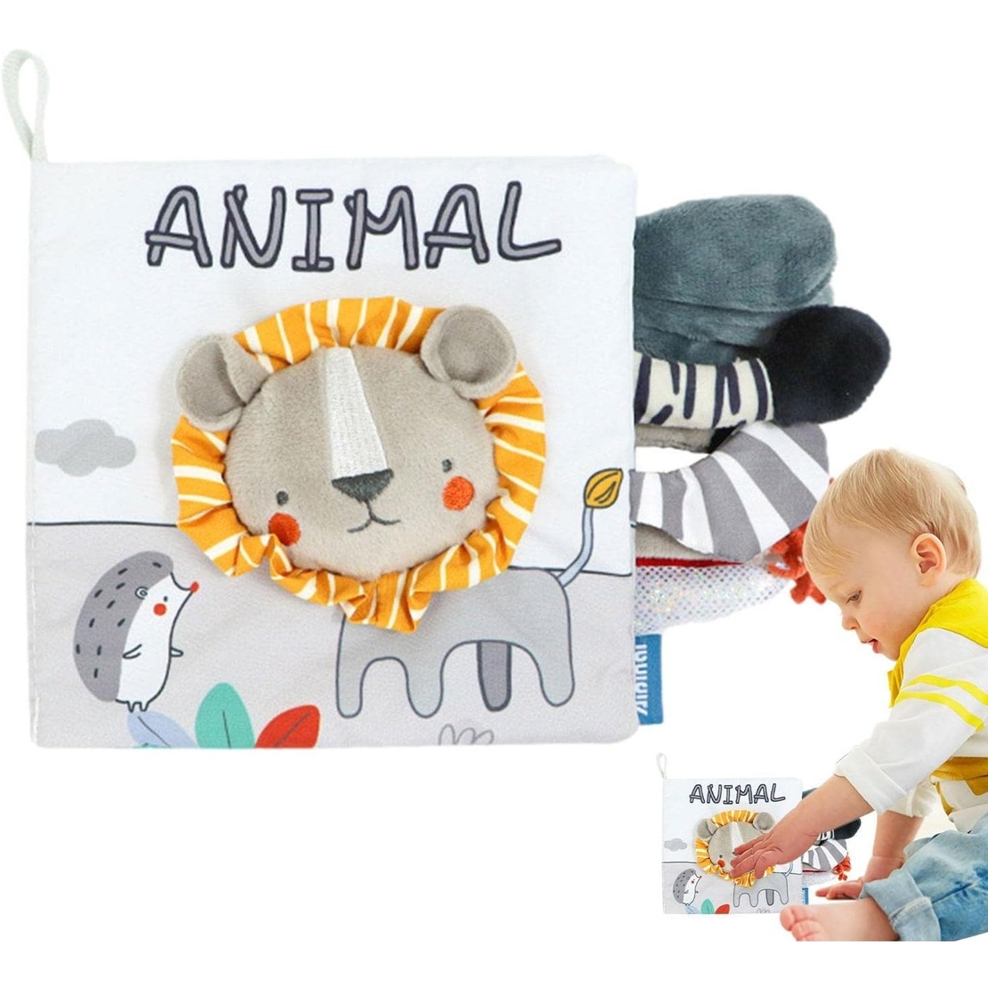 Carte Senzoriala, Flippy, pentru Bebelusi, 15x16x6 cm, cu Animalute, 3D, Cu Sunete si Fosnete, 0-3 Ani, Model Leu, Gri