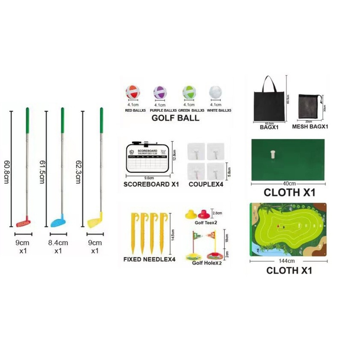 Set de Golf, Flippy, Interactiune Parinte-Copil, Covor de Golf, 140 x 98 cm, 4 Mingii cu Scai, 3 Crose Reglabile, Model C, +3 Ani, Multicolor