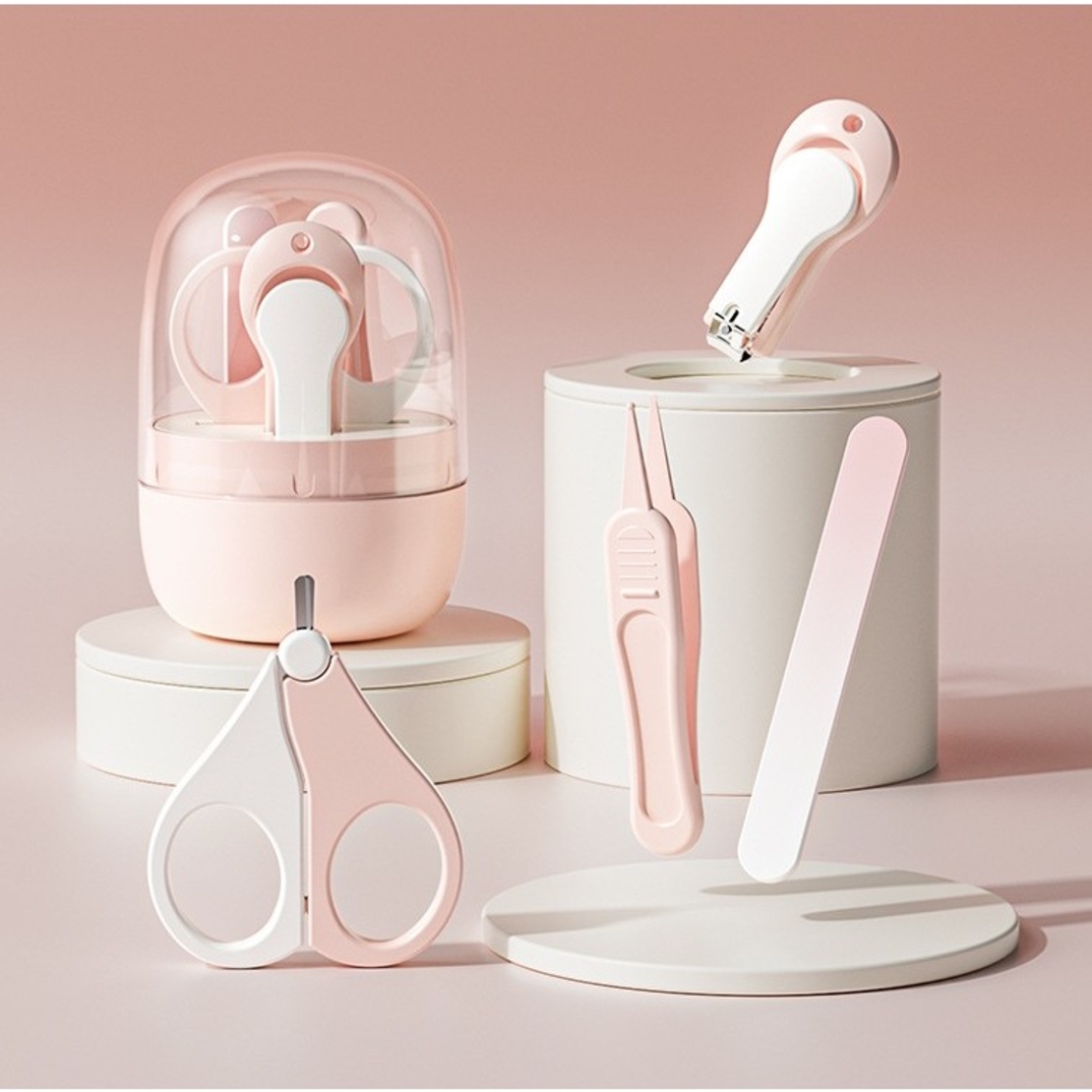 Set 4in1 de Ingrijire Unghii pentru Bebelusi, Flippy, Cutie de Depozitare Tip Borcan, 0-6 Ani, 10 x 7 x 6 cm, Roz