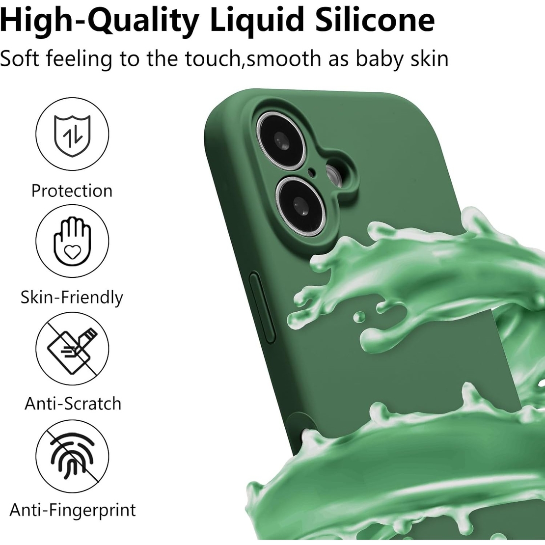Husa de Protectie, Flippy, pentru iPhone 16, Liquid Silicone, cu Microfibra pe Interior, Protectie Antisoc, Compatibil Incarcare Wireless, Verde