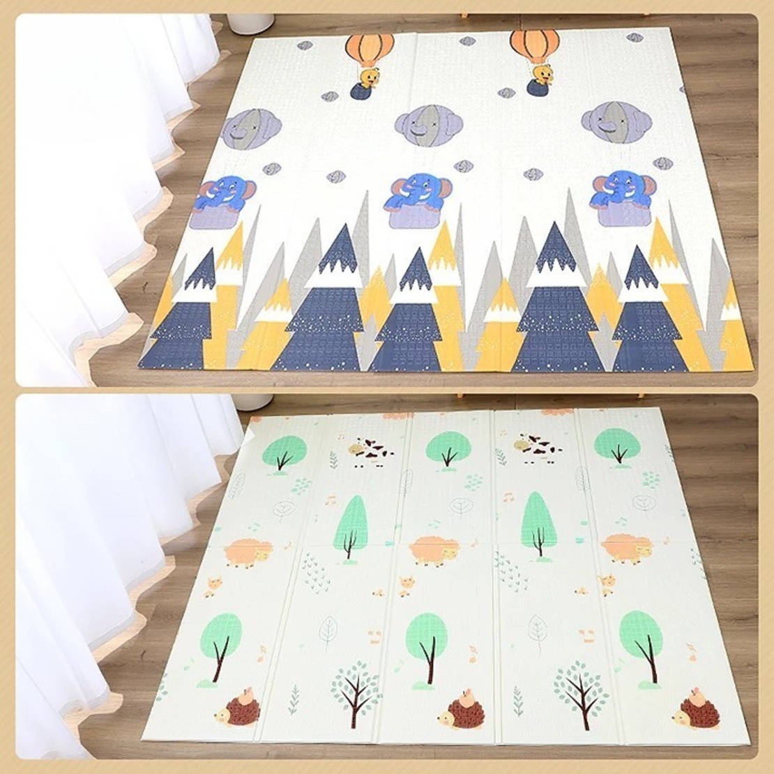 Covoras pentru Copii, Flippy, cu 2 Fete, Model Padure/Elefanti, din XPE+PE, Impermeabil, Antiderapant, Protectie Termica, +3 Luni, Pliabil, 180 x 200 x 1.5 cm, Multicolor