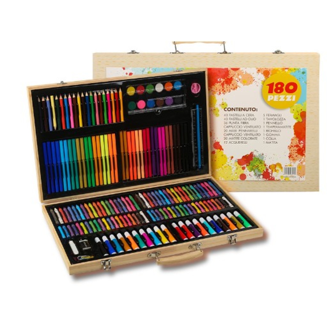 Set 180 Piese pentru Desen si Pictura, Flippy, Tip Servieta din Lemn, Model Natur, 46 x 30.9 x 4.1 cm, Multicolor