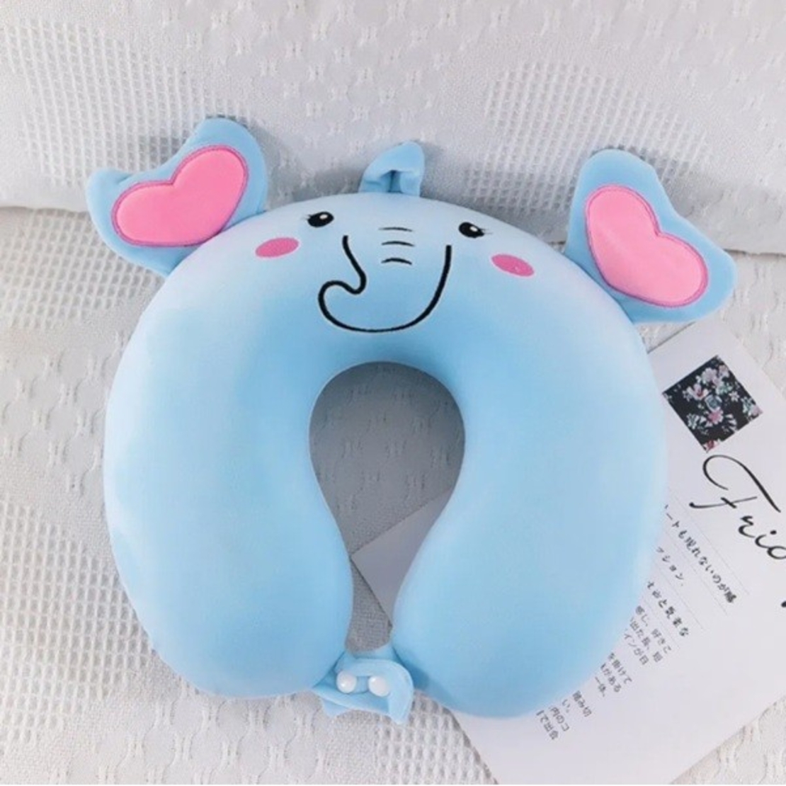 Perna de Calatorie in Forma de U, Flippy, Pentru Gat si Cap, Umplutura din Spuma cu Memorie, 30x30 cm, Model Elefant, Accesoriu de Voiaj, Birou, Masina, Sistem Prindere Capse, Albastru