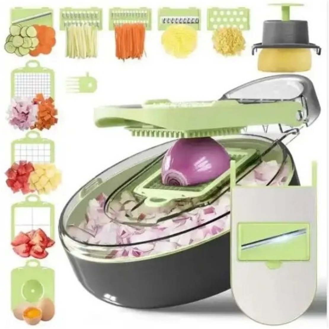 Feliator Multifunctional, Flippy, Razatoare, 8 in 1, pentru Fructe si Legume, 12 Piese, Lame de Inox, Recipient Stocare, Separator Oua, Protectie Mana, ABS, Gri/Verde, 29.5x9x21.8 cm