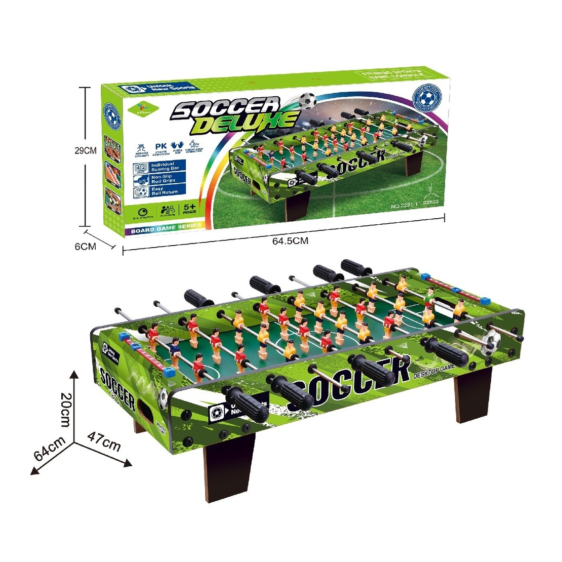 Masa de Fotbal cu Teren, Flippy, cu Picioare Scurte, 8 Manere, Tablou de Scor, 64 x 20 x 47 cm, din Lemn/Otel/ABS, Verde