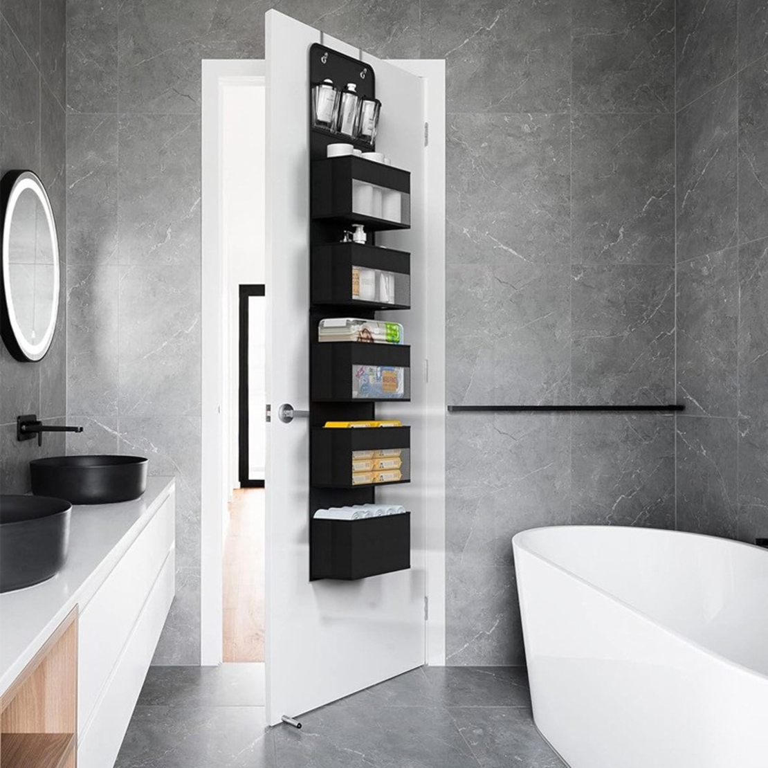 Organizator Suspendat pentru Usi, Flippy, din Nailon si Plasa, Baza de Carton Ingrosat, 5 Buzunare Principale + 5 Buzunare Laterale, 146 x 40 x 17 cm, 2 Carlige Incluse, Negru