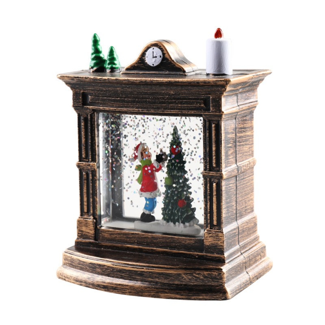 Decoratiune de Craciun tip Semineu / Ceas, Flippy, Glob de Cristal cu Fulgi de Zapada, Model Elf, Iluminare LED, 11.5 x 8.5 x 6.5 cm, Carcasa Vintage Bronze, Transparent