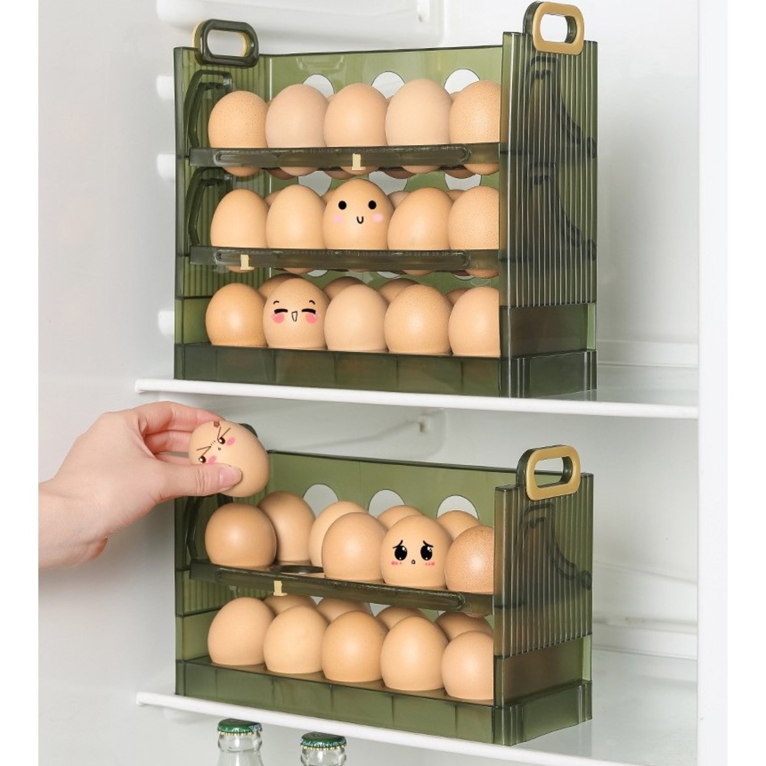 Suport Organizator pentru Oua, Flippy, pentru Frigider, Verde transparent, Capacitate 30 oua, Trei straturi, cu Data de Expirare, 25.5x10x23 cm