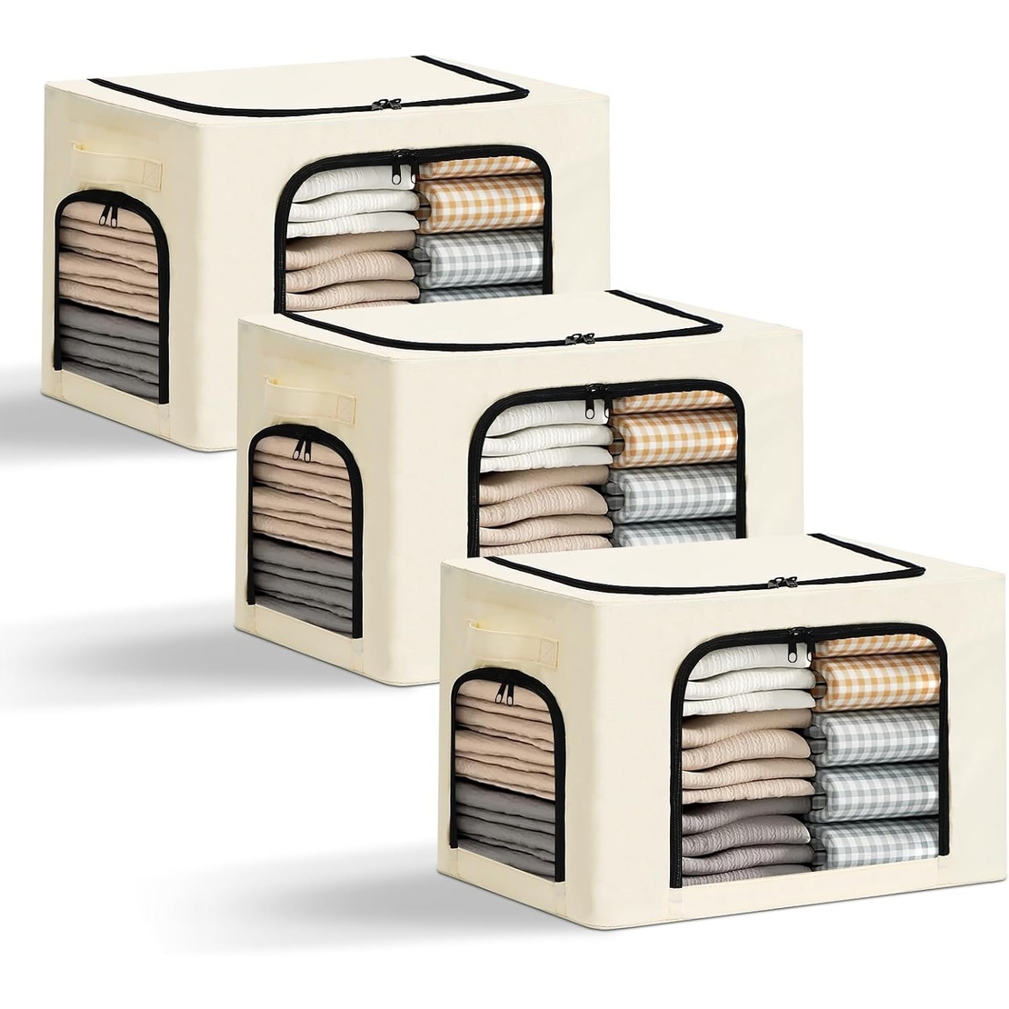 Cutie de Depozitare, Flippy, cu 3 Ferestre cu Fermoar Bidirectional, Cadru din Otel, Impermeabil, 38L, 42 x 30 x 30 cm, Bej