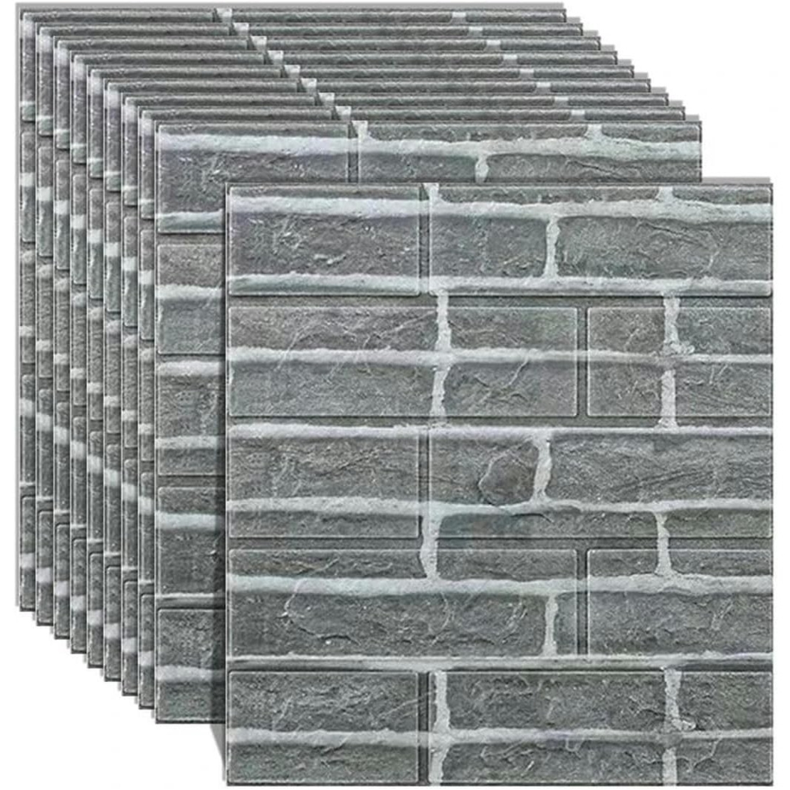 Set 10 Placi Tapet 3D, Flippy, 35 x 38 cm, Grosime 3 mm, din Polietilena, Model Caramida, Suprafata acoperita 1.33 mp, Gri