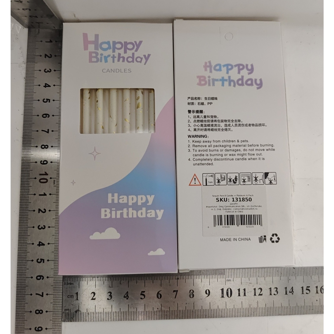 Set 6 Lumanari Lungi, Flippy, din Parafina, 10 x 0.5 cm, Happy Birthday, Alb/Auriu
