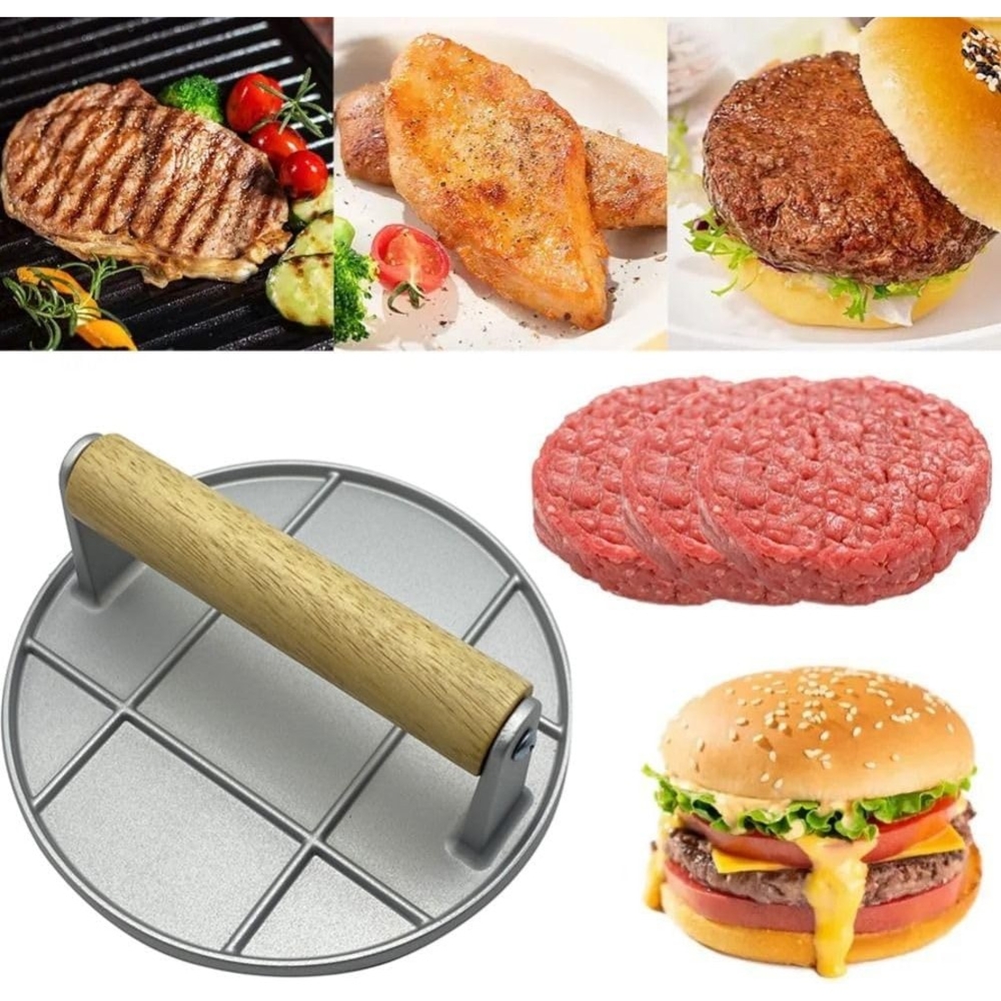 Presa Manuala pentru Carne, Flippy, din Aliaj de Aluminiu, Maner din Lemn, Presa pentru Burgeri, Usor de Curatat si Folosit, Rotunda, 16x16x6 cm, Gri