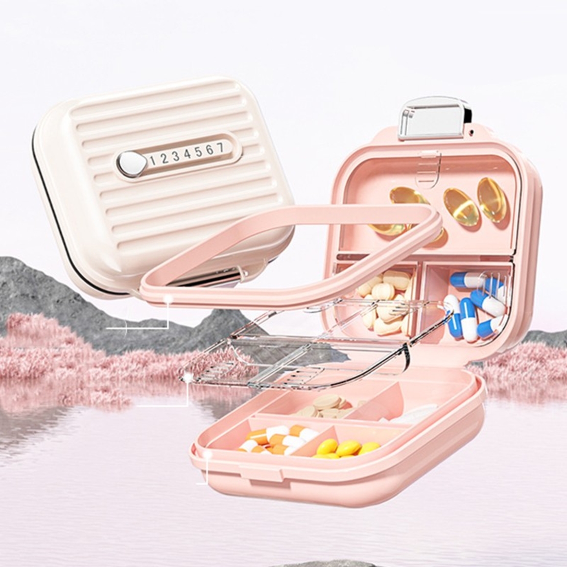 Cutie de Depozitare pentru Pastile, Flippy, Cutie de depozitare Medicamente, Cutie de depozitare Vitamine, Suplimente, pentru Fete, din Plastic cu indice zi, Roz