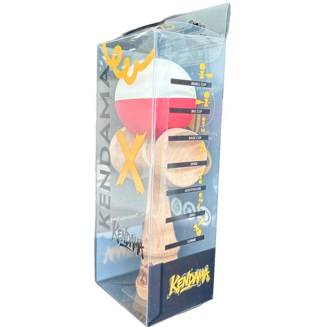 Kendama X Originala, Flippy, 18 cm, Profesionala, +9 Ani, din Lemn, Model 2 Culori, Alb/Rosu