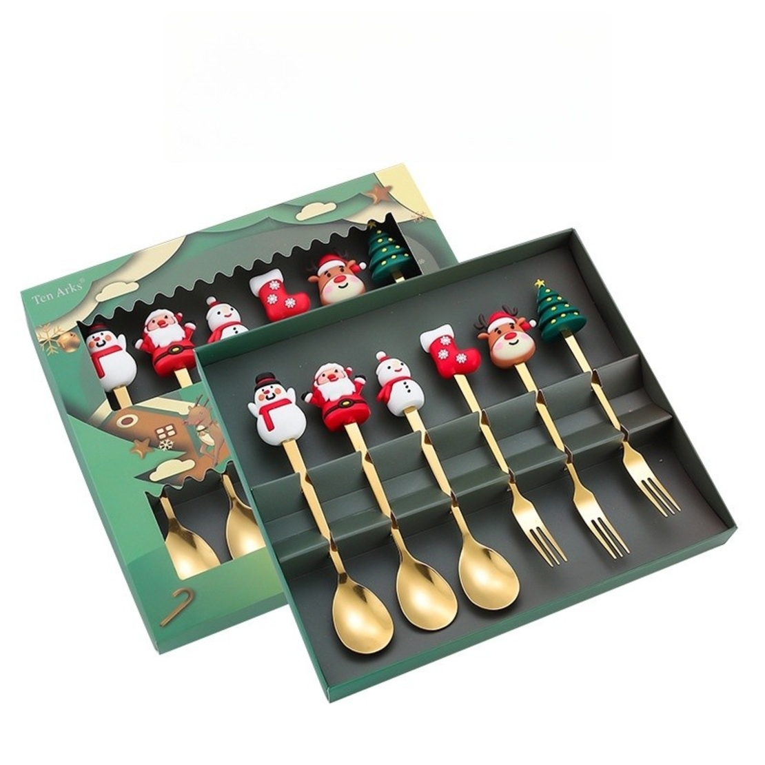 Set 6 Tacamuri, Flippy, Tema Craciun, 3 Linguri + 3 Furculite, cu Figurine, din Otel Inoxidabil, Cutie Cadou, 19 x 22 x 2.2 cm, Auriu