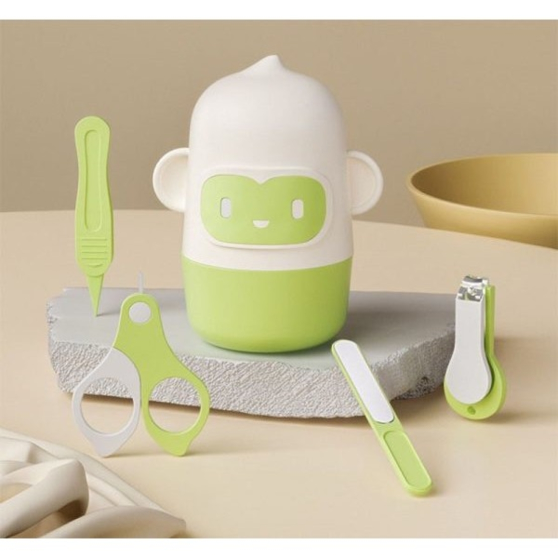 Set 4 Piese Ingrijire Unghii Bebelusi, Flippy, din ABS+Otel Inoxidabil, Cutie de Depozitare Tip Maimuta, de la 0 Luni, Verde