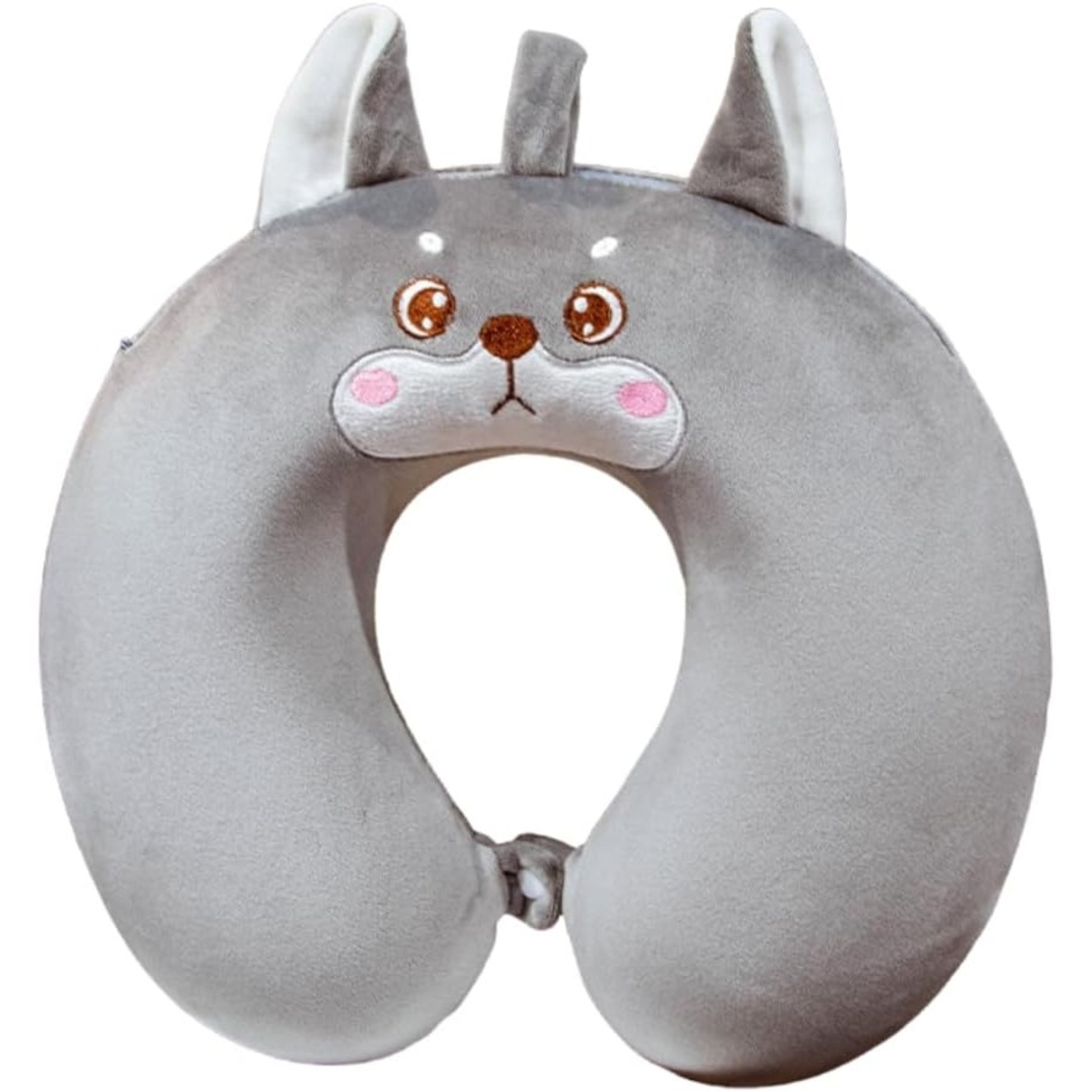 Perna de Calatorie in Forma de U, Flippy, Pentru Gat si Cap, Umplutura din Spuma cu Memorie, 30x30 cm, Model Husky, Accesoriu de Voiaj, Birou, Masina, Sistem Prindere Capse, Gri