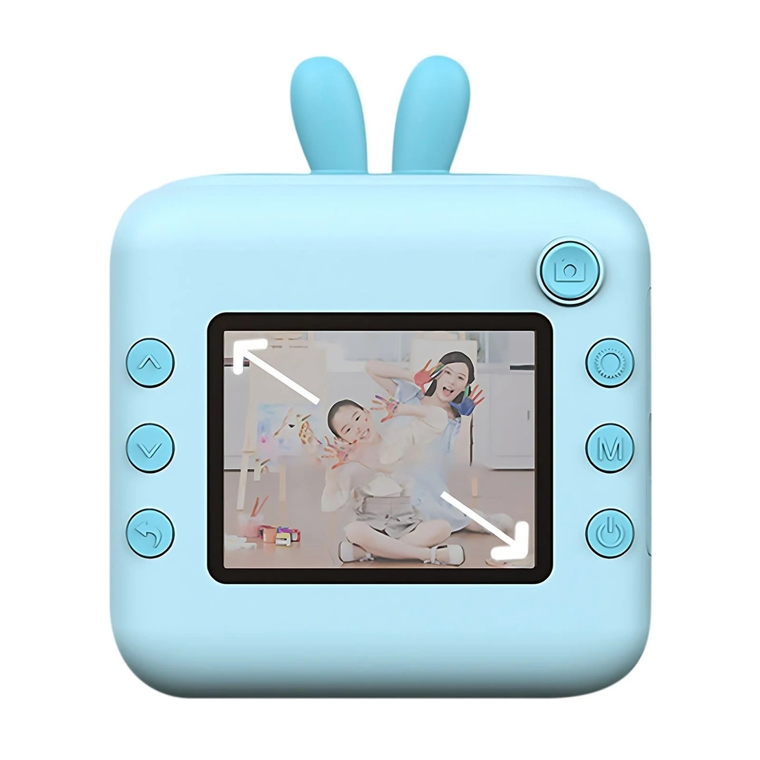 Camera Instantanee pentru Copii, Flippy, cu Functie de Printare, Cablu USB-C, Bluetooth, Compatibil iOS/Android, Imprimare APP, Model Iepure, Snur de Agatat Inclus, Albastru