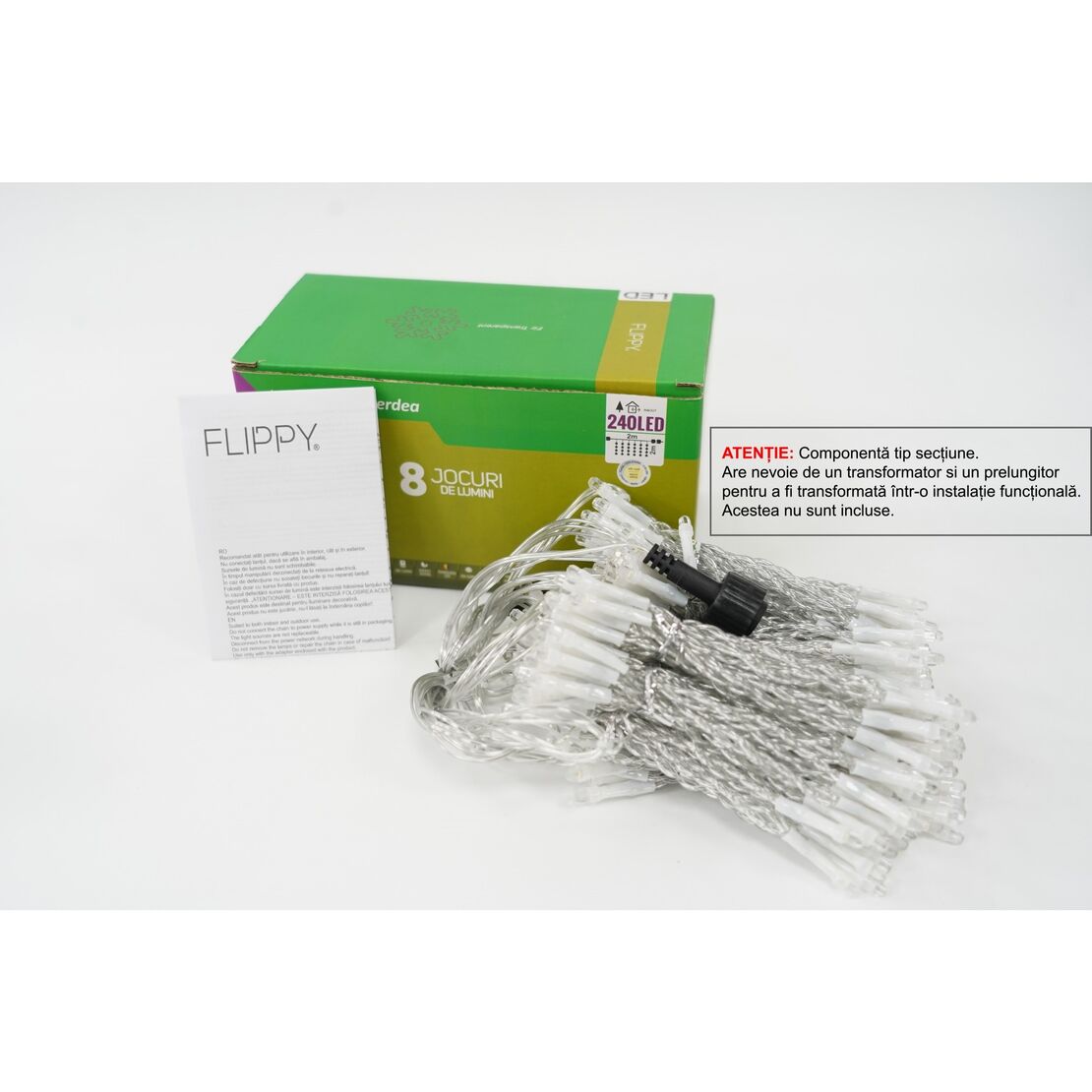 Sectiune Instalatie de Craciun Flippy Tip Perdea, 8 jocuri de lumini, 2m x2 m, 240 LED-uri, Interconectabila, Fir Transparent, Alb-cald