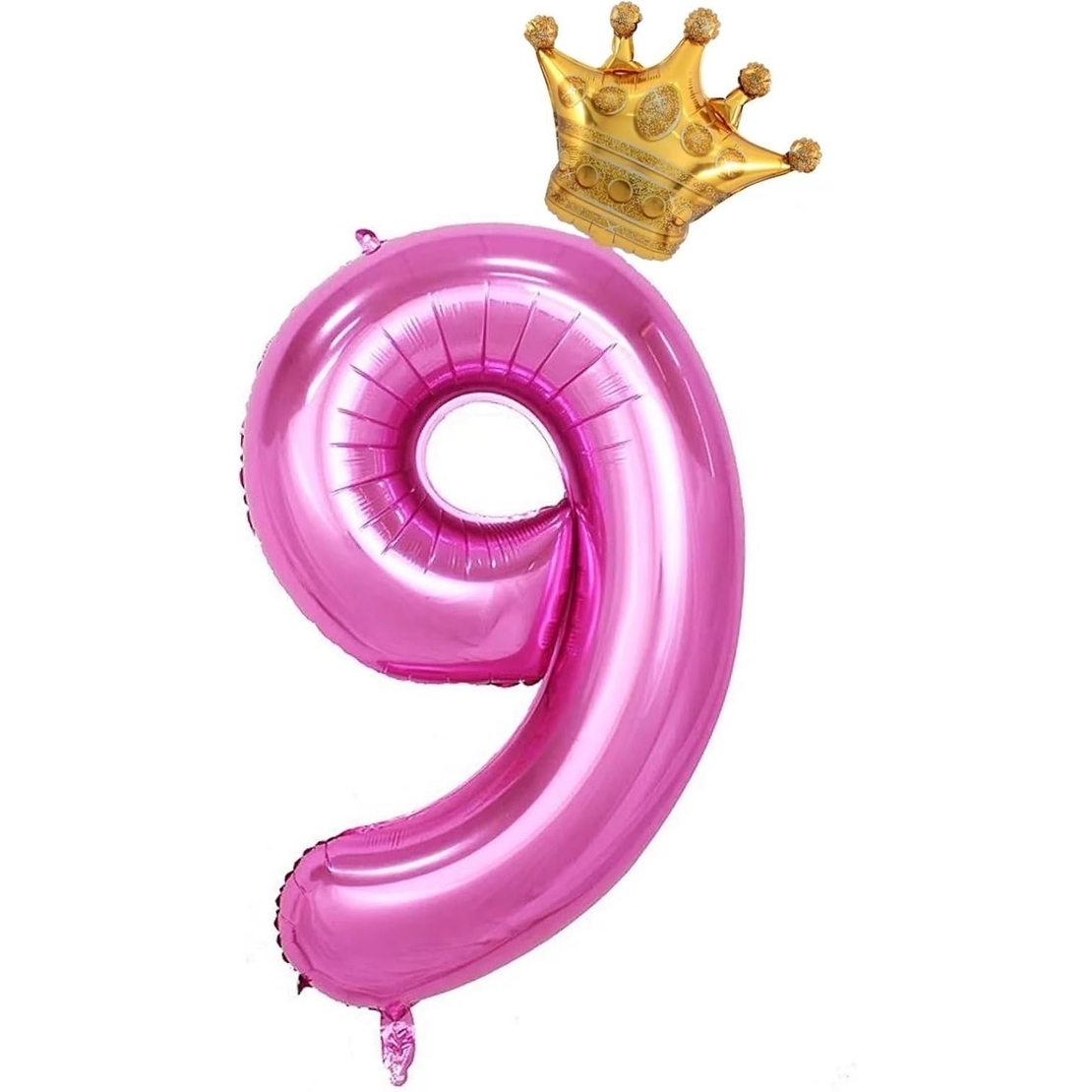 Balon din Folie Metalizata Flippy, Figurina Cifra si Coroana, Tema Aniversare 100 cm, Ambalaj Individual, Pai inclus, Umflare cu Aer sau Heliu, Roz, Cifra 9