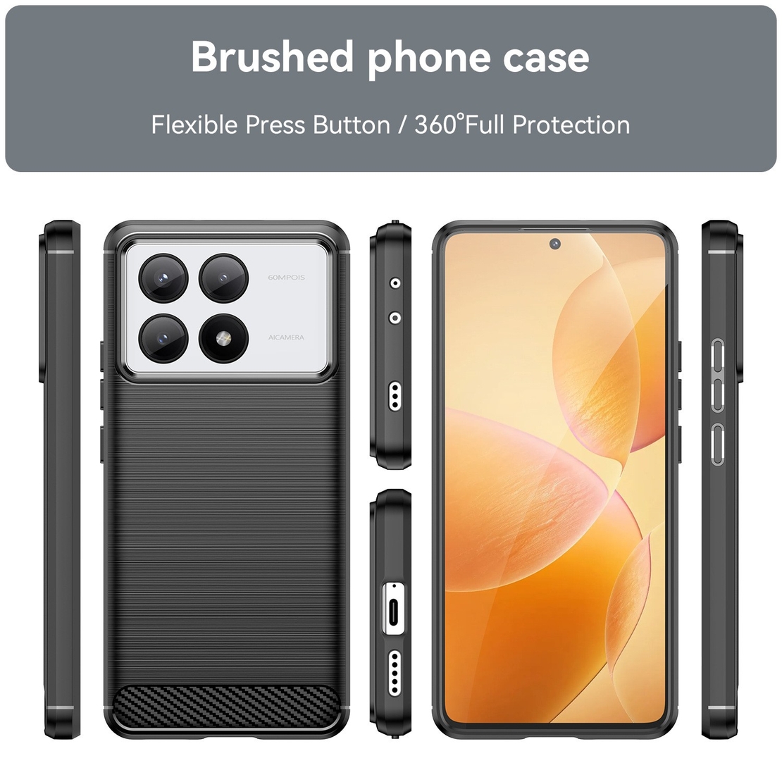 Husa de Protectie pentru Xiaomi Redmi Note 13C 5G, Flippy, Protectie 360, din TPU cu element de Carbon, Anti Alunecare, 1.8 mm, Negru