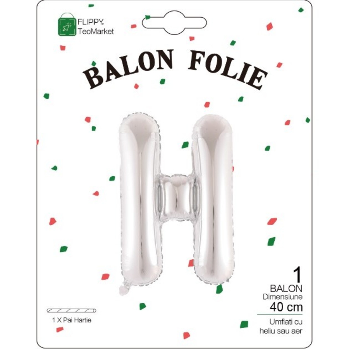 Balon Folie Metalizata Litera H, Flippy, 40 cm, Umflati cu Heliu sau Aer, Ambalaj Individual, Pai inclus, Argintiu