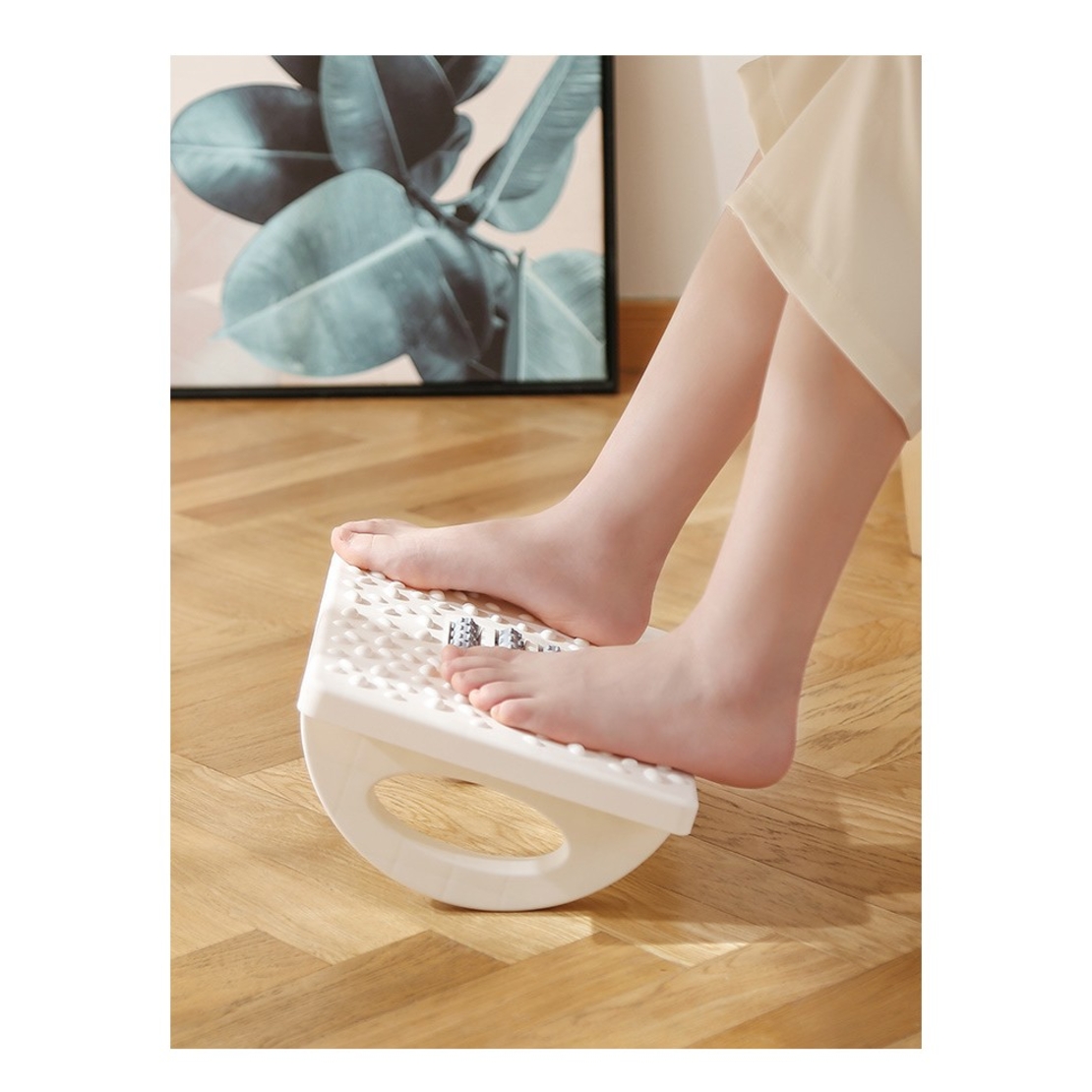 Suport Ergonimic pentru Picioare, Flippy, Plastic, cu Role de Masaj pentru Talpi, pentru Birou, Usor de Transportat, Detasabil, 33.5x24x12 cm, Alb