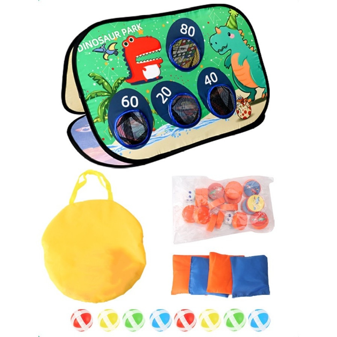 Joc pentru Copii, Flippy, Aruncarea Sacilor cu Nisip, Sageti, 8 Mingi, 4 Saci, Geanta Portabila, Interactiv, Model Dinozauri, 77.5x44.5x42 cm, Multicolor