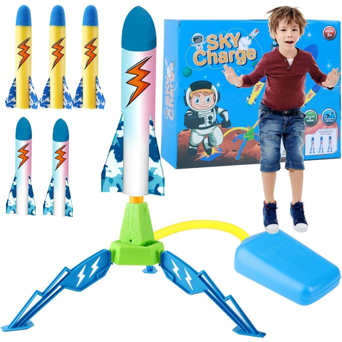 Jucarie pentru Copii, Flippy, Lansator de Rachete cu Piciorul, un Singur Lansator, 6 Rachete Fara Lumini, 40.5 cm Inaltime, Multicolor