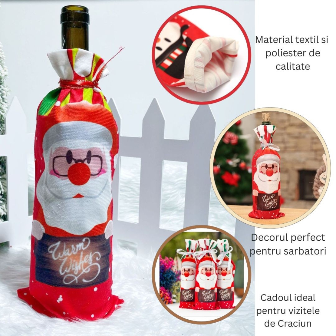 Husa Craciun pentru sticla de vin Flippy, tema Mos Craciun, material textil, 34 cm, multicolor