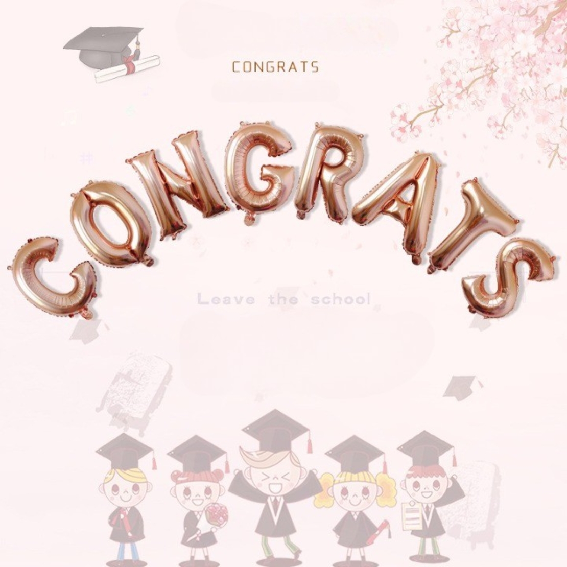 Set 8 Baloane din Folie Metalizata, Flippy, Model Scris Congrats, Litere de 40 cm, Tema Absolvire, Baloane Party, Ambalaj Individual, Pai Inclus, Umflare cu Aer sau Heliu, Roz