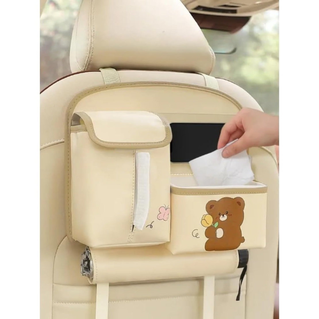 Geanta Multifunctionala de Depozitare, Flippy, pentru Bancheta din Spate a Masinii, Animat, Model Ursuleti, Scris Good Day, Suport Servetele si Telefon, 25x31 cm, Bej