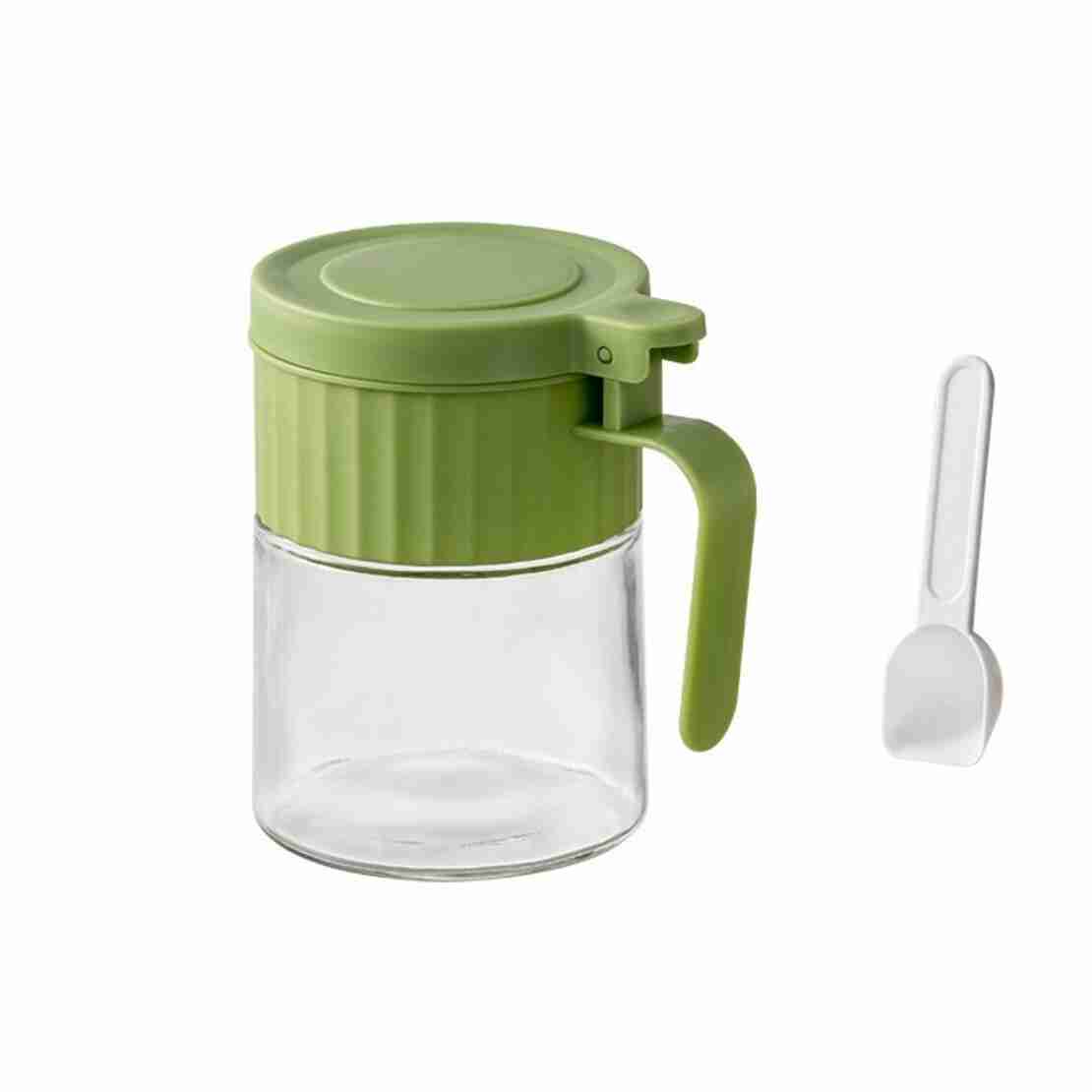 Recipient Condimente, Flippy, din Stilca, 180 ml, cu Maner si Lingurita, 10.6 x 7 x 7 cm, Capac Mat, Verde