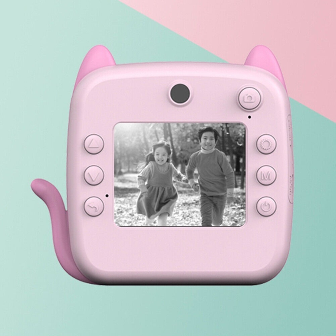 Camera Instantanee pentru Copii, Flippy, cu Functie de Printare, Camera Frontala + Selfie, Cablu USB-C, Bluetooth, Compatibil iOS/Android, Imprimare APP, Model Pisica, Roz