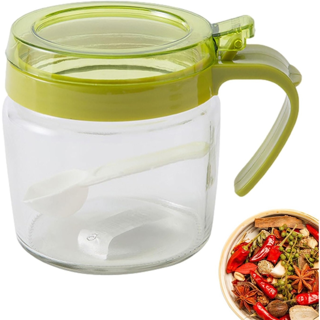 Recipient Condimente, Flippy, din Stilca, 180 ml, cu Maner si Lingurita, 8 x 9 cm, Capac Transparent, Verde