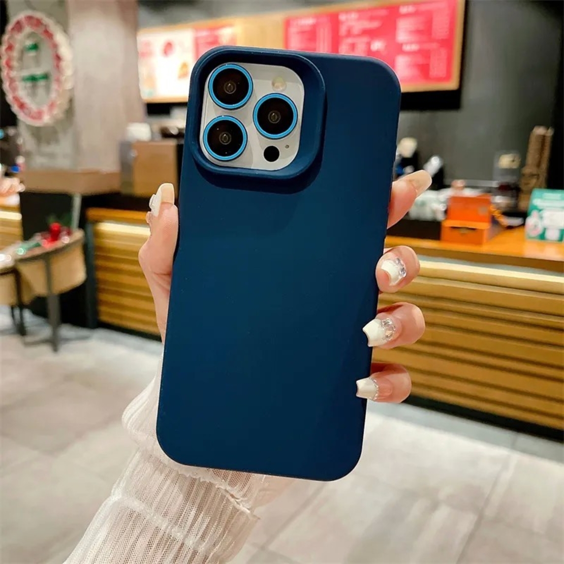 Husa Apple iPhone 14 Pro Max, Flippy, din Silicon Lichid, Interior din Microfibra, Lentile Fosforescente de Protectie Camera, Anti Amprenta, Rezistenta la Socuri, Albastru Marin