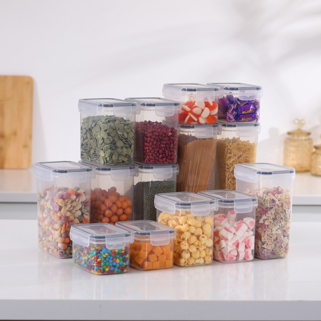 Cutii de depozitare alimente, Flippy, Set din 14 Cutii pentru Condimente, Cereale, Cutii pentru Bucatarie, din Plastic PP, Cutii Alimentare, Diferite Dimensiuni, Transparente