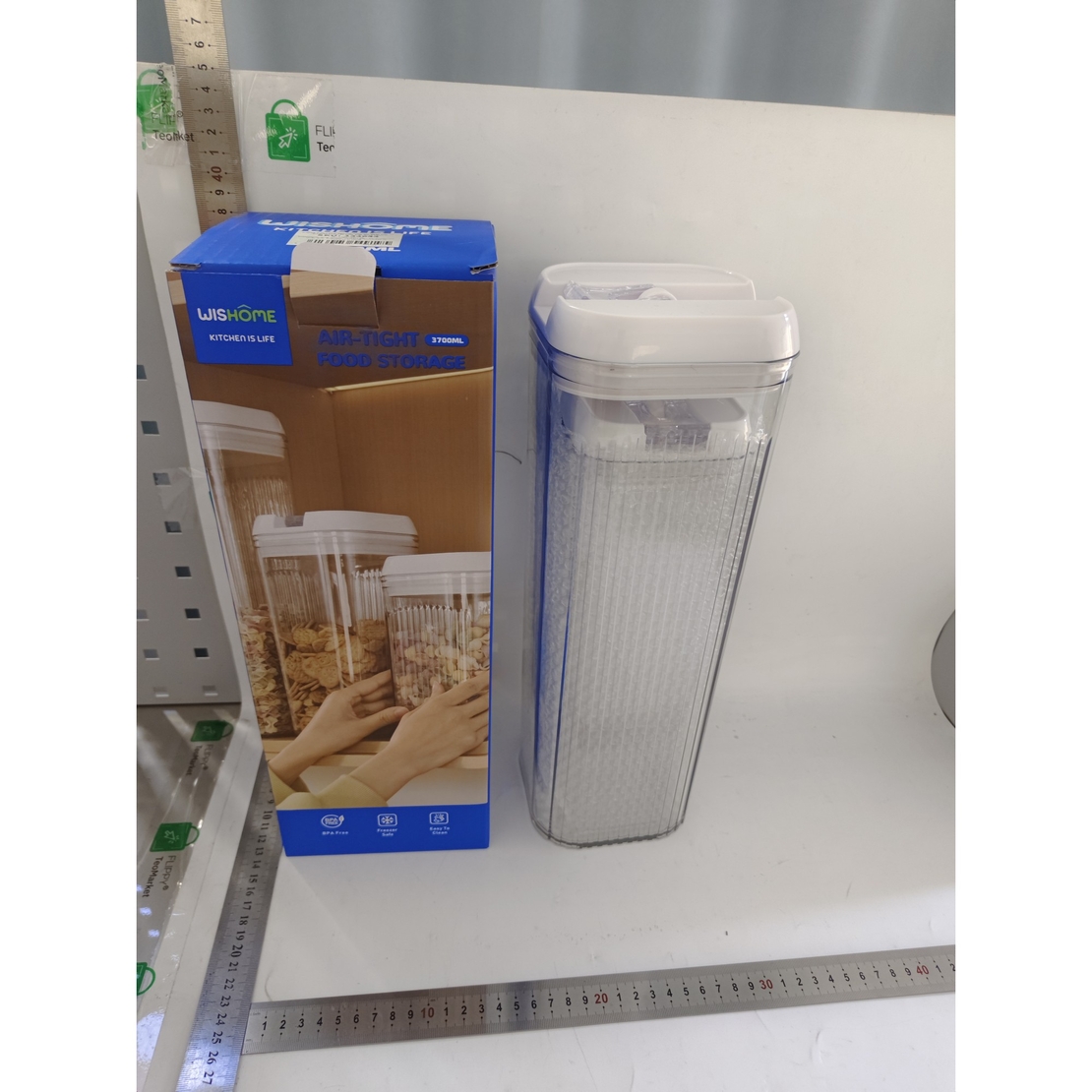 Cutii de Depozitare Alimente, Flippy, Set din 2 Cutii de tip Container, Recipiente pentru Cereale in Bucatarie, 1.2 L-10x30.5 cm, 2.5 L-12.5x12.5x36.5 cm, Transparente cu Capac Alb