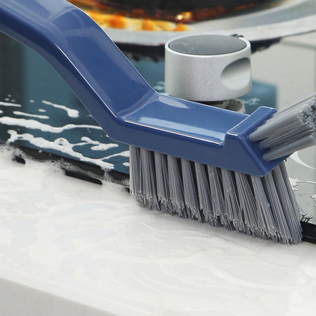 Perie 3in1 de Curatat Podele si Rosturi, Flippy, Lungime Maner 28 cm, Peri din PP, Otel si Plastic, Cleste pentru Scame si Par Inclus, Albastru