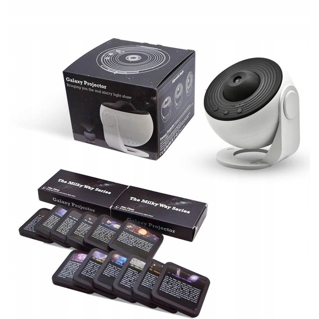 Lampa Tip Proiector Galaxie, Flippy, pentru Dormitor, Tematica Cer Instelat, Model Glob, HD, Rotire 360 de Grade, 13 Imagini, Incarcare USB, 5 W, 11.2x10.8x10.9 cm, Alb Negru