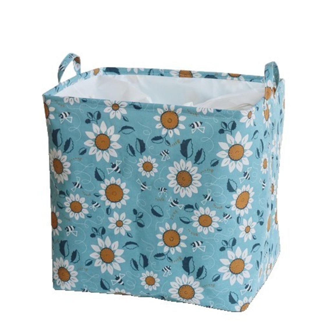 Cos depozitare, Flippy, Capac cu Snur, 175 L, Confectionat din Bumbac si un Strat Impermeabil, 50 x 50 x 70 cm, Albastru Deschis, Imprimeu Flori