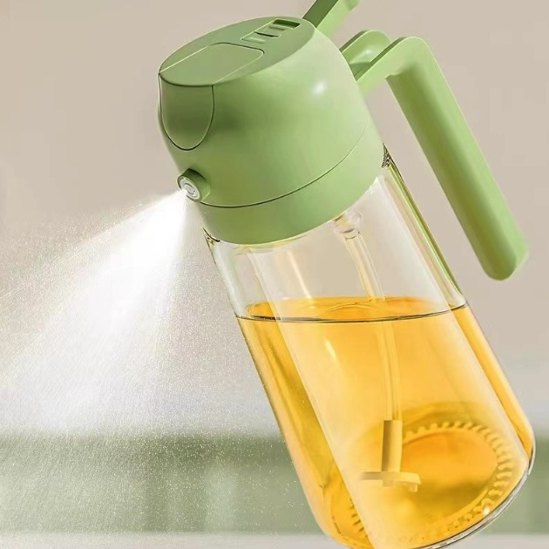 Recipient Ulei 2 in 1, Flippy, Functie Spray & Turnare, din Sticla, Fara Scurgere, 18.5 x 7.7 cm, 470 ml, Verde