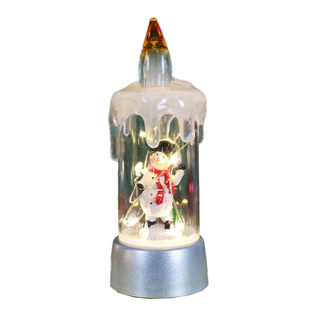 Decoratiune de Craciun tip Lumanare, Flippy, Lumanare de Cristal fara Fulgi de Zapada, Model Om de Zapada, Iluminare LED, 13 x 5 x 5 cm, Baza Gri, Transparent